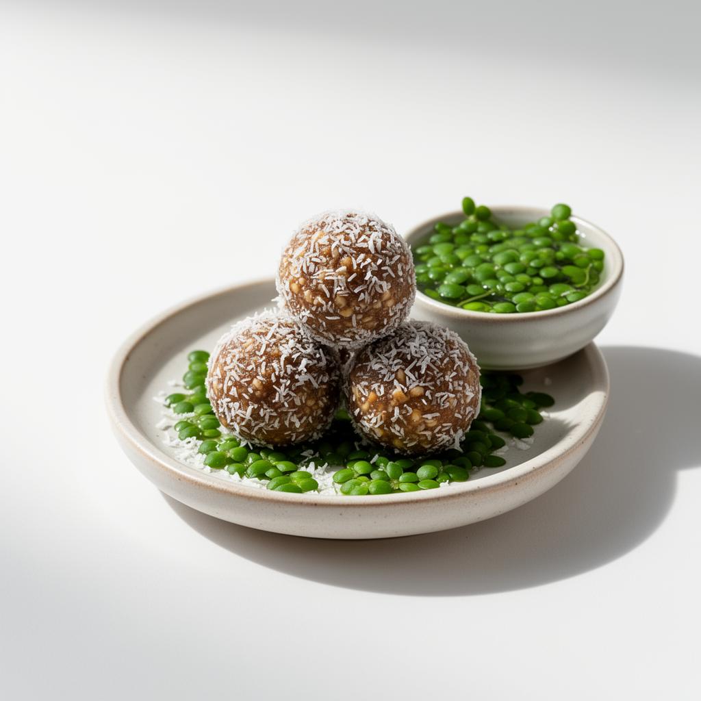 Coconut-coated water lentil power balls on a ceramic plate